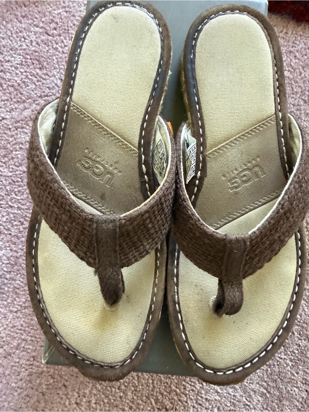 UGG Women’s Brown Canvas & Woven Suede Thong Sandals